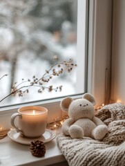 Aufkleber - Cozy window sill with tea, candle, and plush mouse creates a peaceful atmosphere on a snowy day