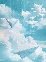 Aufkleber - Hanging paper planes float gently among fluffy clouds in a soft blue sky creating a whimsical childlike atmosphere