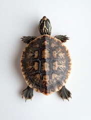 Poster - Top-down view of a turtle showcasing its patterned shell set against a minimalist white background