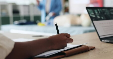 Leinwandbilder - Person, hands and writing with notes in classroom for first aid training, emergency safety or course. Closeup, student or learner with documents for medical workshop, paramedic practice or lesson