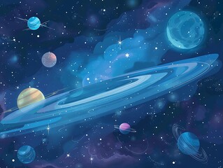 a background of dark blue space with several planets floating in the distance, with high resolution