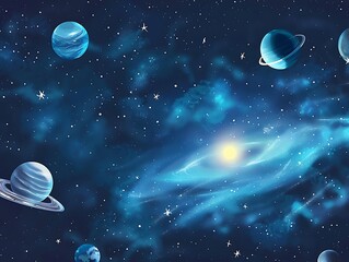 a background of dark blue space with several planets floating in the distance, with high resolution