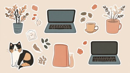 Aufkleber - Remote work sticker set featuring cozy elements like a coffee cup, laptop, and cat for a warm working environment