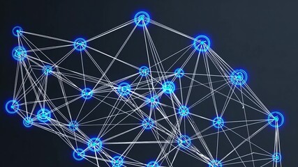 Poster - Glowing blue neural network nodes interconnecting with white lines, dynamically rotating and evolving against dark background, representing complex digital communication systems