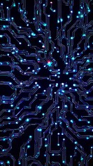 Poster - Complex electronic circuit board design with flowing data streams, illuminating nodes and pathways, creating a dynamic visualization of technological processes