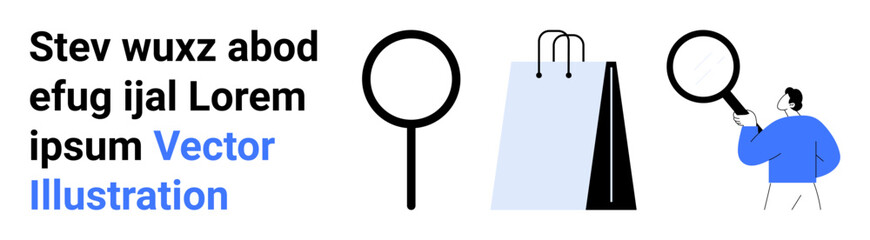 Poster - man using magnifying glass, large shopping bags highlighting user focus. ideal for e-commerce, produ
