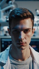 Poster - Portrait of a confident young male scientist staring at the camera in a high-tech laboratory, his serious expression reflecting his dedication to research