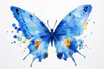 Poster - Watercolor painting of a blue butterfly with splatters on a white background artistic design style