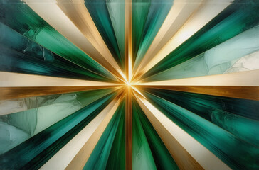 Aufkleber - Abstract artwork featuring radiating lines in shades of green and gold. A bright central point creates a burst of light, resembling sun rays or a star.