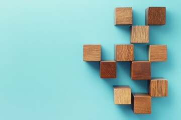 Poster - Wooden blocks arranged on a blue background creating a minimalist and geometric composition design concept