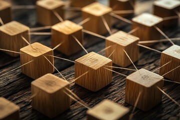 Poster - Wooden cubes connected by strings forming a network on a wooden surface creating a complex structure