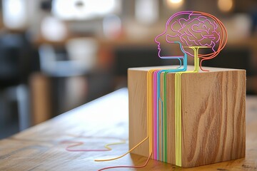 Poster - Wire brain connected to wooden cube with colorful wires on a blurred background in a close up shot