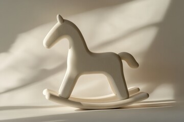 Fototapete - Elegant white rocking horse enhances kid room decor with subtle shadows and a calming neutral background for a playful atmosphere