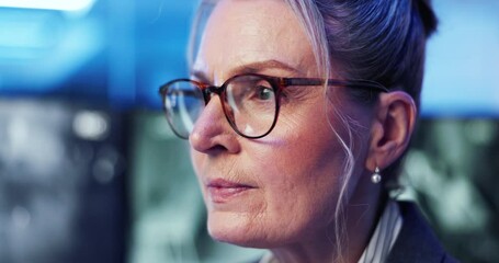 Leinwandbilder - Cybersecurity, glasses and computer with woman in office for server, software encryption and cloud protection. Data breach, monitor and hacker prevention with mature person at night for ip tracking