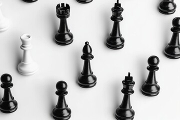 Poster - Top-down view of black and white chess pieces arranged on a clean white board