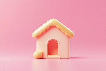 Poster - A pastel pink house with a yellow roof and a small yellow sphere on a pink background is centered