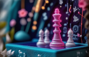 Aufkleber - A vibrant chess set glows. The king piece stands out with a pink hue, while pawns and bishops are white. A blue box forms the game's base, surrounded by blurred light and floral hints.