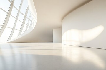Poster - interior of a modern building with curved walls and large windows letting in bright sunlight inside 