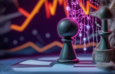 Aufkleber - The image depicts a chess game with digital overlay, hinting at strategy and data visualization. The background shows abstract lines suggesting analysis of concepts.  Focus is on the chess pieces.