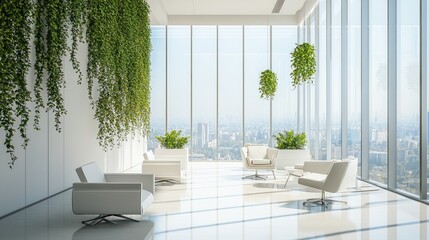 Poster - Daylit office with floor-to-ceiling windows, white furniture, and hanging plants
