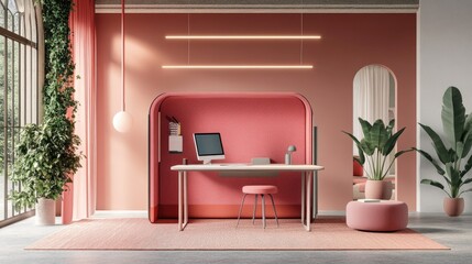 Poster - Small office pod setup with acoustic panels, a compact desk, and overhead task lighting
