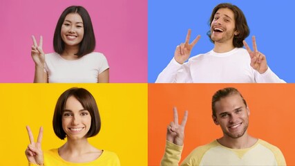 Poster - A collection of diverse individuals displaying happy expressions while making the V gesture. Each person stands against bright, colorful backgrounds, celebrating success together.