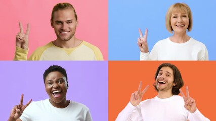 Poster - A joyful collection of diverse individuals expressing happiness with V gestures in a bright, colorful setting. Their positive energy radiates success and celebration.