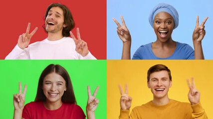 Poster - A collection of diverse individuals expressing joy and positivity with victory hand gestures. Each person showcases happiness against bright, colorful backgrounds, embodying a sense of achievement.