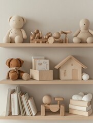 Poster - Wooden shelves display childrens toys and books in a minimal pastel beige interior creating a cozy and inviting atmosphere for a kids room