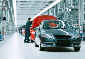 Poster - Manufacturing Process Inside a Modern Vehicle Production Line with New Cars Being Assembled