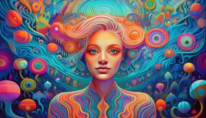 Poster - Vibrant Abstract Portrait with Psychedelic Colors and Patterns