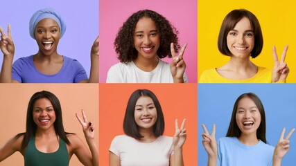 Poster - A collection of six diverse individuals expressing joy and positivity while making V gestures for victory. Each person smiles brightly against colorful backgrounds, showcasing happiness and success.