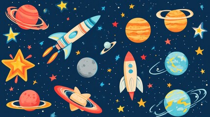 Poster - Colorful space-themed sticker pack featuring rockets, planets, UFOs, and constellations against a deep blue galaxy background