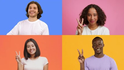 Poster - A collection of four diverse individuals joyfully displaying the V gesture against colorful backgrounds. Each person radiates happiness and positivity, celebrating success together.