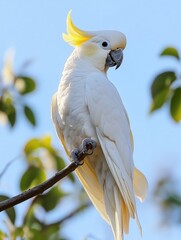 Poster - Perched white cockatoo with a vibrant yellow crest in a clean studio setting showcasing the beauty of avian wildlife