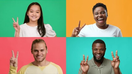 Poster - A collection of happy individuals from diverse backgrounds, each showing a V gesture for victory. They appear joyful and positive against vibrant colored backgrounds.