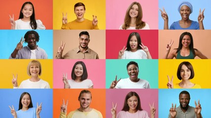 Poster - A collection of happy individuals from various backgrounds joyfully making a V gesture to symbolize victory. They express positivity and unity against vibrant, colorful backdrops.