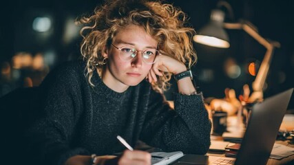 Poster - Late Night Work Session of a Tired Woman Using Her Laptop Generative AI