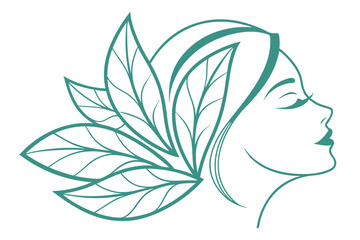 Poster - Elegant Woman Profile With Leaf Design Minimalist Vector Illustration Artwork