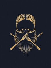 Poster - Stylized beard logo featuring crossed scissors and comb on a minimal dark background for barbershop branding and identity