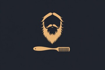 Poster - Stylized beard logo featuring crossed scissors and comb on a flat dark background with minimalistic design elements for barber shops
