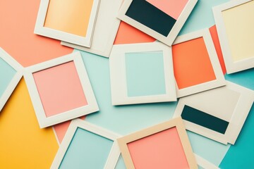 Leinwandbilder - Colorful flat surface scattered with white frames inviting creativity and decoration ideas