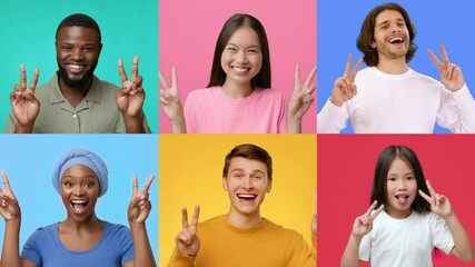Poster - A diverse collection of joyful individuals in different clothing colors, each expressing happiness through cheerful smiles and V gestures, celebrating success against vivid backdrops.