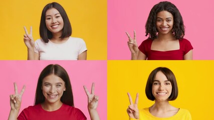 Poster - A collection of four people showcasing joyful expressions while making a V gesture. They embody happiness and success against vibrant yellow and pink backgrounds.