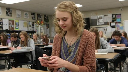 Poster - High School Student Engages With Smartphone in Classroom Setting Generative AI