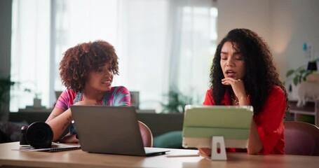 Poster - Creative, collaboration and photography with women in office for small business startup as entrepreneur team. Agency, laptop and tablet with photographer people at work for development or planning