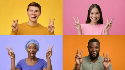 Poster - Four happy individuals, representing various backgrounds, display V gestures against colorful backgrounds. Their faces radiate joy, capturing the essence of celebration and positivity.