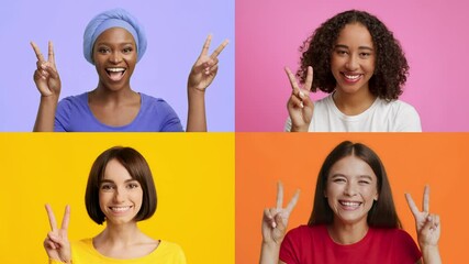 Poster - A cheerful collection of diverse individuals expressing happiness and success with victory gestures. The backgrounds are vibrant, enhancing the positive mood of the scene.