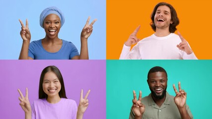 Poster - A collection of four joyful individuals making V gestures, expressing happiness and success against vibrant backgrounds. Their positive energy radiates victory.