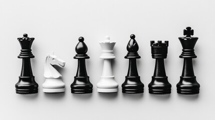 Aufkleber - Top-down view of black and white chess pieces arranged neatly on a white board displaying strategic potential for a classic game